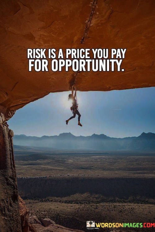 The statement "Risk is a price you pay for opportunity" conveys the idea that taking risks is a necessary investment to seize opportunities. It suggests that venturing into the unknown or uncertain comes with the potential for reward, but it also involves accepting the possibility of failure.

This statement underscores the correlation between risk and reward. It implies that the potential for growth and success often requires stepping out of one's comfort zone and embracing uncertainty.

In conclusion, the statement highlights the dynamic nature of risk and opportunity. By recognizing that risk-taking is an inherent part of pursuing opportunities, individuals can make informed choices, assessing potential gains against possible setbacks, ultimately harnessing their willingness to take risks as a means to unlock doors to new possibilities.