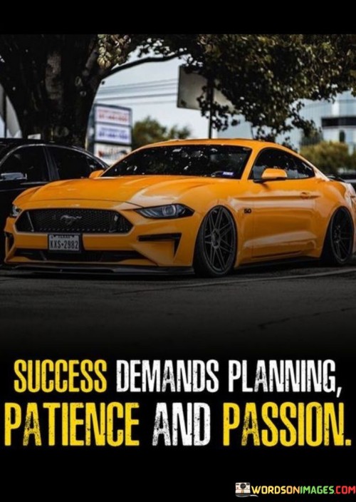 Success demands planning, patience, and passion. It suggests that achieving significant accomplishments requires careful preparation, the ability to endure challenges with composure, and an unwavering enthusiasm for one's goals.

This statement underscores the comprehensive approach necessary for success. It implies that a combination of strategic thinking, resilience, and genuine passion contributes to favorable outcomes.

In conclusion, the statement highlights the synergy between planning, patience, and passion. By incorporating these elements into one's pursuits, individuals can create a framework that fosters both short-term achievements and long-term fulfillment, affirming that success is a result of purposeful action, resilience, and genuine enthusiasm.