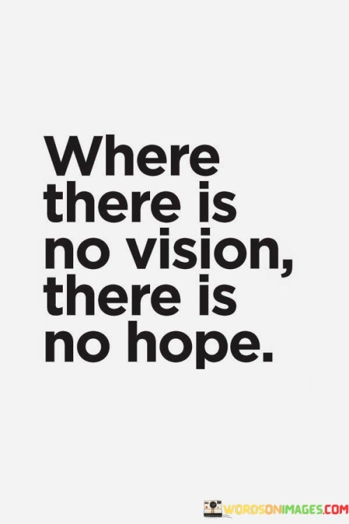 The quote underscores the link between vision and hope. "No vision" implies a lack of foresight. "No hope" signifies absence of optimism. The quote conveys that a sense of purpose and direction is essential for nurturing hope.

The quote emphasizes the role of perspective in fostering optimism. It highlights the need for a clear path forward. "No vision" reflects the challenge of maintaining hope without a sense of direction, underlining the importance of setting goals.

In essence, the quote speaks to the interdependence of vision and hope. It emphasizes that a clear sense of purpose and direction fuels positivity. The quote captures the essence of how a forward-looking mindset generates hope and underscores the importance of having aspirations for a brighter future.