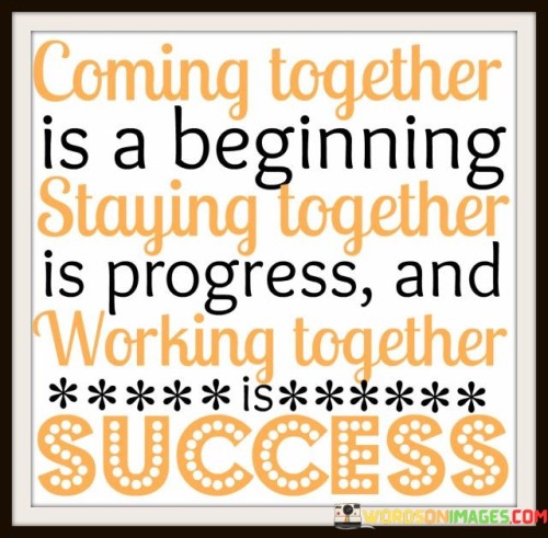 The progression "Coming Together Is A Beginning Staying Together Is Progress And Working Together Is Success" outlines the stages of collaboration and accomplishment. The first 50-word paragraph emphasizes that initial unity marks the inception of a collective effort. It underlines the significance of joining forces.

The second paragraph delves into this concept. The quote implies that maintaining unity represents ongoing progress. Progress is sustained when individuals stay committed to their collaborative endeavors, fostering continued growth.

In the final paragraph, the quote's essence is summarized: working together harmoniously leads to ultimate success. By combining efforts and remaining united, individuals achieve remarkable feats. The quote serves as a reminder that success stems from effective teamwork, with each stage contributing to the realization of shared objectives.