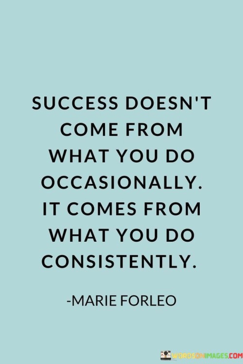 The statement "Success Doesn't Come From What You Do Occasionally, It Comes From What You Do Consistently" highlights the significance of consistent effort in achieving success.

The first part, "Success Doesn't Come From What You Do Occasionally," underscores that sporadic or infrequent actions are unlikely to yield substantial results. The focus shifts from occasional bursts of activity to sustained commitment.

The second part, "It Comes From What You Do Consistently," emphasizes the importance of regular and repeated actions. Consistency builds momentum, allowing skills to develop, progress to accumulate, and achievements to materialize.