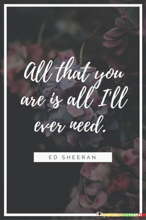 The quote "All that you are is all I'll ever need" expresses a profound and heartfelt sentiment of contentment and love. It signifies that the person's partner or loved one is everything they desire, and they find complete satisfaction and fulfillment in their presence. This quote speaks to the depth of love and connection between two individuals. It conveys that the person's partner encompasses all the qualities, attributes, and affection they seek in a relationship. It goes beyond material possessions or external factors and emphasizes the value of the person's inner qualities, emotions, and character. In a world often focused on acquiring more and constantly seeking external validation, this quote serves as a reminder that true happiness and contentment can be found in the love and companionship of a cherished individual. It conveys a sense of appreciation and gratitude for the unique qualities and essence of the loved one. The quote also reflects the idea of unconditional love, as it emphasizes that the person's partner is enough just as they are. It conveys a profound acceptance and understanding of the loved one's imperfections and individuality, which are celebrated and embraced. Furthermore, the quote can be interpreted as a pledge of commitment and devotion. By stating that all that the person is will always be enough, it signifies a promise to stand by their side and support them through the highs and lows of life. Overall, the quote "All that you are is all I'll ever need" encapsulates the essence of true love and emotional connection. It celebrates the uniqueness and completeness of the loved one and communicates a deep sense of love, appreciation, and commitment. It reminds us that in a world of constant change and external desires, finding fulfillment in the presence and love of another person is a precious and valuable gift.