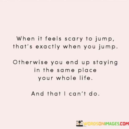 The quote emphasizes the importance of taking risks. "Feels scary to jump" signifies uncertainty. "Exactly when you jump" conveys the need to overcome fear. The quote encourages action in the face of apprehension to avoid stagnation.

The quote underscores the role of fear in personal growth. It highlights the potential for complacency without overcoming challenges. "Staying in the same place" reflects missed opportunities for progress, emphasizing the choice to embrace change and growth.

In essence, the quote speaks to the transformative power of facing fears. It emphasizes the importance of pushing beyond comfort zones for personal development. The quote captures the essence of pursuing change despite apprehension, highlighting the transformative journey of stepping into the unknown.