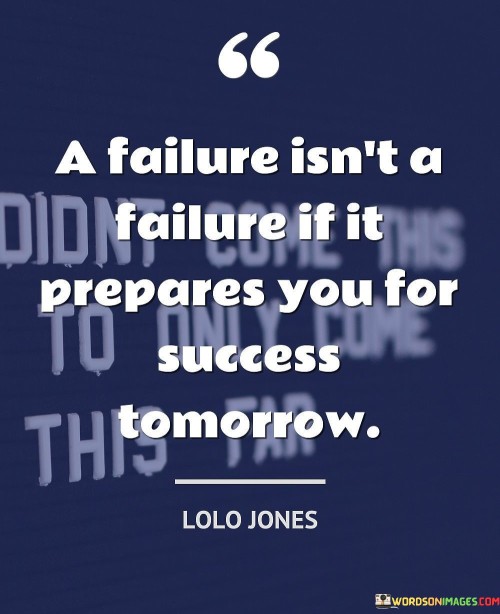 This insightful quote reframes the concept of failure by highlighting its potential as a stepping stone toward future success. It suggests that failures should not be solely viewed as negative outcomes but rather as valuable learning experiences that pave the way for better outcomes in the future.

The phrase "prepares you for success tomorrow" emphasizes the idea that failures can provide valuable lessons and insights. When individuals analyze their failures, learn from their mistakes, and adjust their approach, they are better equipped to make informed decisions and avoid repeating the same errors in the future.

In essence, the quote encourages a growth mindset where failure is seen as a natural and necessary part of the journey toward success. It advocates for resilience, adaptability, and the ability to extract knowledge and wisdom from setbacks. By embracing failures as opportunities for growth and improvement, individuals can navigate challenges with a positive perspective and ultimately move closer to achieving their goals.
