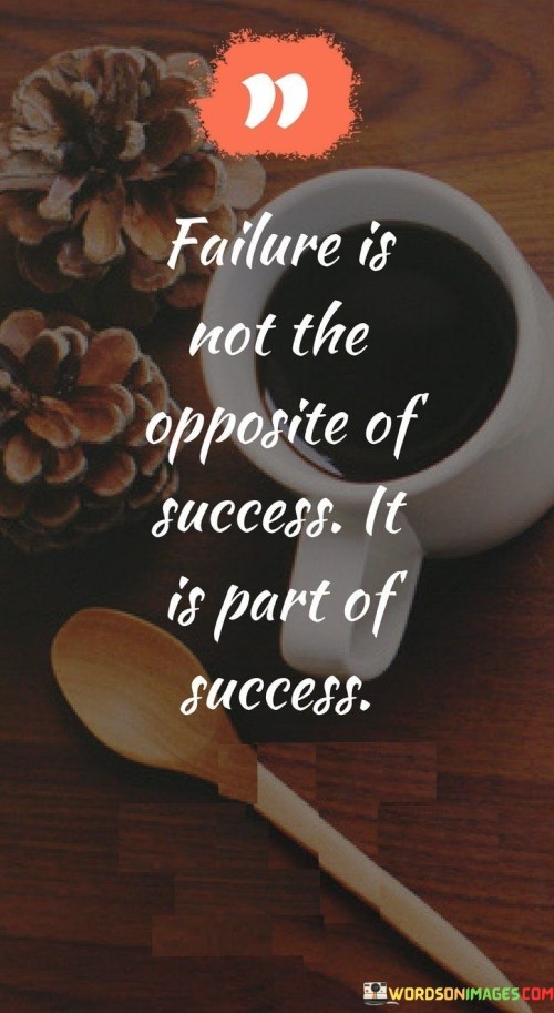 "Failure Is Not The Opposite Of Success, it is part of success": The quote's core message is captured in the initial paragraph, emphasizing the intertwined nature of failure and success. It suggests that failure isn't a counterforce to success but an integral component of it. Failures serve as valuable lessons that shape the journey toward achieving meaningful accomplishments.

The second paragraph delves into the concept of perspective. It implies that viewing failure as a separate entity from success limits understanding. By recognizing failure as a contributor to growth and development, individuals reframe setbacks as stepping stones. This shift in mindset fosters resilience and propels progress toward achieving ultimate goals.

In the final paragraph, the quote underscores the symbiotic relationship between failure and success. It suggests that success is built upon a foundation of failures. Each failure offers insights, tests determination, and refines strategies. The quote encourages embracing failures as essential milestones, ultimately propelling individuals toward higher levels of achievement.