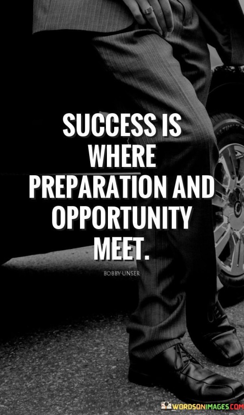 The quote suggests that success doesn't solely depend on luck or chance. Rather, it's the result of being well-prepared and seizing opportunities that align with that preparation.

By emphasizing the convergence of preparation and opportunity, the quote promotes a proactive mindset. It encourages individuals to invest in continuous learning, skill development, and being attentive to potential openings.

In summary, the quote conveys that success is a product of both being prepared and recognizing and utilizing opportunities. It encourages individuals to cultivate their skills and knowledge while remaining alert to the situations where their readiness can lead to meaningful achievements.