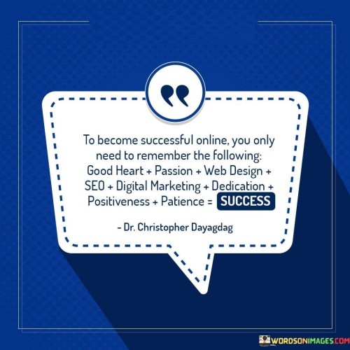 The statement suggests that online success involves a combination of qualities and skills, including a genuine and caring attitude, a strong passion for one's work, effective web design, search engine optimization (SEO), digital marketing strategies, unwavering dedication, a positive mindset, patience, and the eventual attainment of success.

By highlighting these factors, the statement encourages individuals to approach their online endeavors with a holistic perspective. It promotes the idea that combining both technical skills and positive qualities can contribute to achieving success in the digital world.

In summary, the statement conveys that online success is a multi-faceted endeavor that requires a balance of technical skills, positive attributes, and dedication. It motivates individuals to embrace these qualities as they work toward achieving their goals in the online realm.