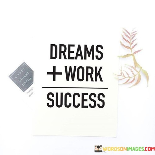 The equation suggests that success is the result of combining one's aspirations and ambitions (dreams) with dedicated effort and action (work). It emphasizes the importance of both envisioning a goal and actively working towards its realization.

By presenting this equation, the statement motivates individuals to bridge the gap between their dreams and reality through hard work and determination. It promotes the idea that dreams alone are not enough – they must be pursued with focused effort.

In summary, the equation conveys the message that success is a product of aligning aspirations with diligent work. It inspires individuals to combine their dreams with determined action to achieve their desired outcomes.