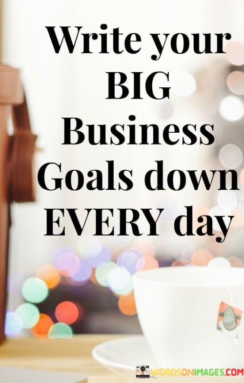 The statement suggests that by writing down your major business goals daily, you reinforce your commitment and keep your focus on achieving those goals. It emphasizes the value of setting clear intentions and regularly reviewing them.

By presenting this advice, the statement encourages individuals to actively engage with their aspirations on a daily basis. It promotes the notion that consistent visualization and affirmation can contribute to a stronger drive towards accomplishing business objectives.

In summary, the statement conveys the message that regularly writing down your major business goals can enhance your dedication and progress. It inspires individuals to take an active role in their business success by consistently acknowledging and working towards their ambitions.