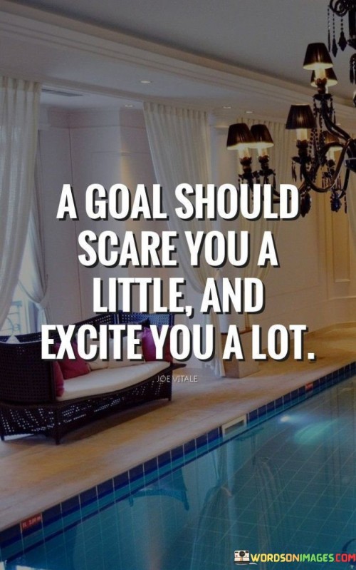 The quote "A Goal Should Scare You A Little And Excite You A Lot" encapsulates the essence of effective goal setting. It suggests that a meaningful goal should possess an element of challenge that evokes a slight sense of fear or discomfort. This fear indicates that the goal pushes you beyond your comfort zone, compelling growth and progress.

Simultaneously, the quote emphasizes the importance of excitement. When a goal excites you greatly, it ignites passion and motivation. This emotional investment fuels determination and perseverance, making it more likely that you'll overcome obstacles and setbacks. The combination of fear and excitement drives a balanced mindset, keeping you engaged while maintaining a healthy level of apprehension.

Ultimately, this quote advocates for the harmony between fear and excitement in pursuing goals. It encourages you to seek goals that not only inspire enthusiasm but also demand a measure of courage to achieve. Striking this equilibrium leads to a fulfilling journey of personal development and achievement.