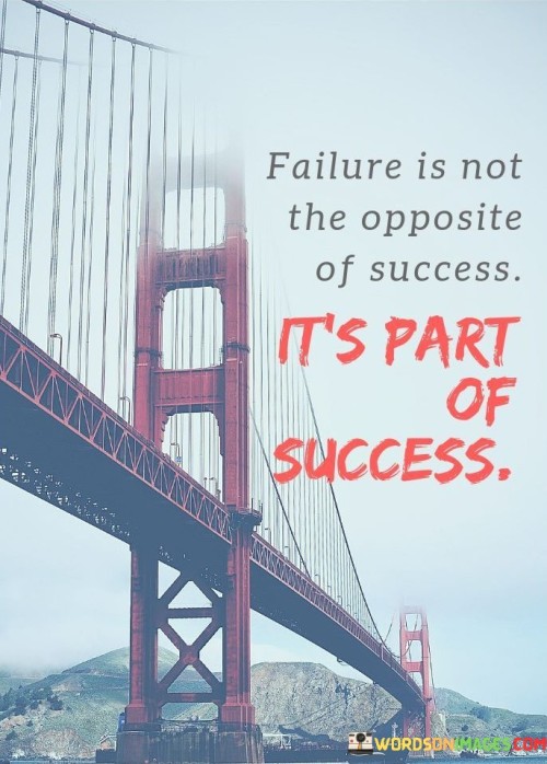 The statement "Failure Is Not The Opposite Of Success; It's Part Of Success" challenges the common perception of failure as a complete negation of success. Instead, it suggests that failure is an integral component of the journey towards achieving meaningful accomplishments.

The statement reframes failure as a valuable learning experience. It implies that setbacks, mistakes, and failures provide essential insights, resilience, and growth that contribute to eventual success. Rather than being a roadblock, failure becomes a stepping stone on the path to achievement.

In essence, the statement advocates for a shift in perspective. It encourages individuals to embrace failure as a natural and essential element of progress. By acknowledging that success often emerges from a series of failures, it promotes a mindset that values perseverance, adaptation, and the continuous pursuit of improvement.