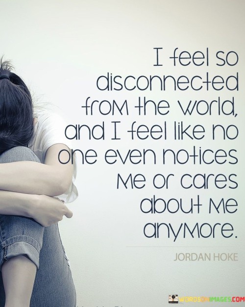 The quote expresses isolation and emotional neglect. "Disconnected from the world" implies detachment. "No one notices me or cares" signifies perceived neglect. The quote conveys the deep sense of loneliness and insignificance the speaker is experiencing.

The quote underscores the emotional distance felt. It reflects the sense of being overlooked. "No one notices me" emphasizes the speaker's feelings of being invisible or unacknowledged, conveying the emotional weight of this perception.

In essence, the quote speaks to the profound loneliness and alienation felt. It emphasizes the emotional disconnect from others and the sense of being unimportant. The quote captures the complex emotional landscape of feeling unnoticed and emotionally detached from the world around them.