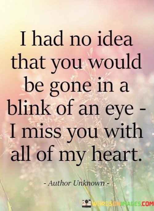 The quote conveys the suddenness of loss. "Gone in a blink of an eye" implies swift departure. "Miss you with all of my heart" signifies profound longing. The quote expresses the shock and deep yearning for the departed.

The quote underscores the unexpectedness of loss. It reflects the abruptness of separation. "Miss you with all of my heart" conveys the intensity of emotional absence, highlighting the depth of the speaker's feelings.

In essence, the quote speaks to the profound impact of loss. It emphasizes the surprise of losing someone unexpectedly. The quote captures the heartache and emptiness that accompany sudden departures, reflecting the lasting impact on the speaker's emotions.