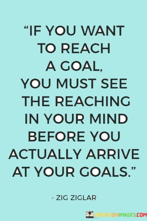 "If You Want To Reach A Goal, You Must See The Reaching In Your Mind Before You Actually Arrive At Your Goals" underscores the importance of visualization and mental preparation in achieving objectives. It suggests that envisioning success in one's mind is a crucial step towards turning aspirations into reality.

The statement implies that creating a clear mental image of the desired outcome is a powerful motivational tool. Visualizing success can cultivate confidence, determination, and a sense of direction, helping individuals overcome obstacles and work towards their goals more effectively.

In essence, the statement promotes the idea that success begins with a strong mental foundation. It encourages individuals to harness the power of visualization, allowing them to proactively shape their journey towards success by aligning their actions with their envisioned achievements.