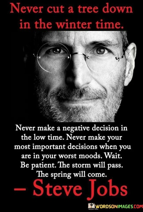 "Never make a negative decision in low time; never make your most important decision when you are in your worst moods. Wait, be patient, the storm will pass, and the spring will come," advises against making critical choices during moments of emotional turmoil.

The quote emphasizes the importance of emotional resilience and patience. It suggests that decisions made during difficult times are more likely to be clouded by negative emotions, potentially leading to regrettable outcomes. Waiting for a calmer state of mind allows for better judgment and a clearer perspective.

Furthermore, the quote metaphorically likens challenging periods to storms and highlights the idea that these difficulties are temporary. It encourages individuals to endure hardships with the understanding that better times will follow, just as spring emerges after a storm. This perspective promotes a sense of hope and the wisdom to make decisions with a balanced and rational mindset.