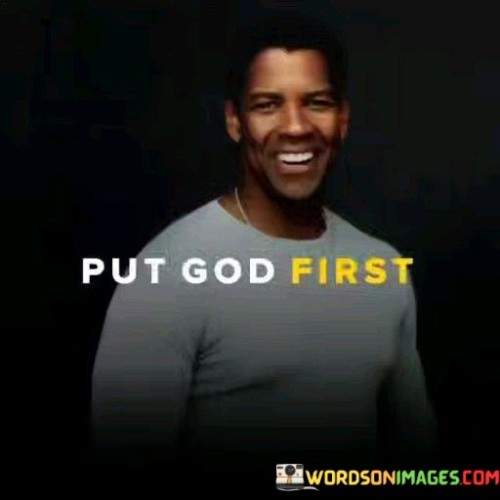 The phrase "Put God First" is a concise yet powerful reminder of the importance of prioritizing one's faith and spiritual relationship with God above all else.

This phrase underscores the idea that making God the foremost focus in one's life can guide decisions, actions, and values. It encourages individuals to seek a deep and meaningful connection with the divine, recognizing that such a commitment can provide direction, purpose, and a moral compass in navigating life's challenges.

In essence, "Put God First" serves as a succinct call to place God at the center of one's life, emphasizing the belief that a strong spiritual foundation can lead to a fulfilling and purpose-driven existence.