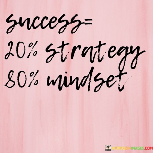 "Success: 20% Strategy" suggests that while having a solid plan or strategy is important, it contributes to only a fraction of overall success. This highlights that strategy alone isn't sufficient to guarantee desired outcomes.

"80% Mindset" underscores the significant role of mindset in determining success. A positive and determined mindset is portrayed as the driving force behind effective execution of strategies and overcoming challenges.

In essence, this statement underscores the importance of cultivating a strong and adaptable mindset. It emphasizes that the way one approaches goals and obstacles often has a greater impact on success than the specific strategies employed.