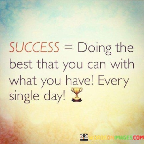 "Success is Doing the Best That You Can With What You Have Every Single Day" emphasizes the importance of consistent effort and utilizing available resources to the fullest extent. It suggests that success is not just about grand achievements but also about giving your best effort every day.

The statement implies that success is a result of continuous improvement and commitment to excellence. It encourages individuals to focus on maximizing their potential and making the most of their current circumstances.

In essence, the statement promotes a mindset of continuous growth and incremental progress. It underscores that success is built upon the accumulation of daily efforts, highlighting the significance of consistently striving for improvement and excellence.