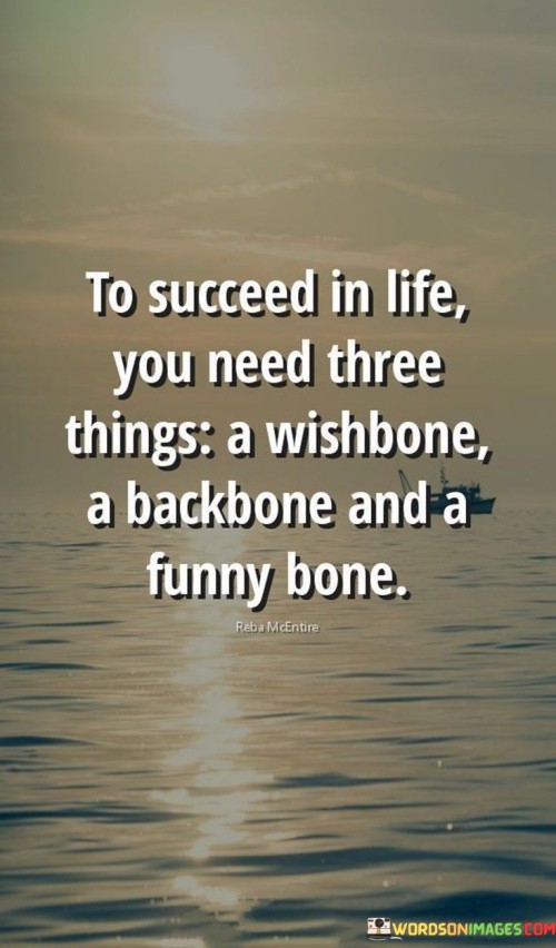 "To Succeed In Life, You Need Three Things: A Wishbone, a Backbone, and a Funny Bone." This saying conveys that achieving success requires a combination of optimism, determination, and a sense of humor. The "wishbone" symbolizes dreams and aspirations, the "backbone" signifies strength and resilience, and the "funny bone" represents the ability to find joy in life.

The quote highlights the importance of balance and attitude. The "wishbone" encourages having goals and aspirations, the "backbone" suggests the importance of determination and courage in overcoming challenges, and the "funny bone" underscores the significance of maintaining a positive and lighthearted perspective.

In essence, the quote implies that success is not just about hard work, but also about embracing life with enthusiasm and adaptability. It emphasizes that a well-rounded approach, combining hope, resilience, and a sense of humor, contributes to achieving both personal and professional success.