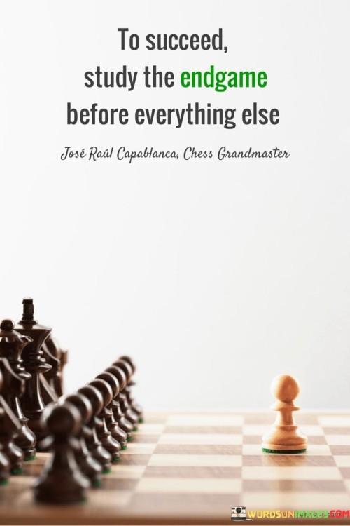 "To Succeed, Study the Endgame Before Everything Else." This advice suggests that in order to achieve success, it's important to have a clear understanding of the desired outcome or end goal right from the beginning. By focusing on the ultimate objective, individuals can make informed decisions and strategic choices.

The quote highlights the significance of goal-oriented thinking. It encourages individuals to plan their actions with the final result in mind. By studying the "endgame," one can anticipate challenges and design a more effective path to success.

In essence, the quote underscores the value of strategic foresight. It emphasizes the advantage of having a well-defined goal as a guiding compass. By prioritizing the end result, individuals increase their chances of making purposeful and impactful decisions along the way, ultimately leading to successful outcomes.