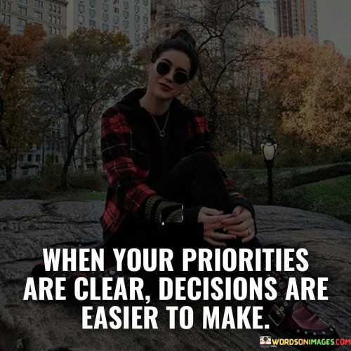 The quote highlights the role of clear priorities in decision-making. It suggests that well-defined goals guide choices. When values and objectives are evident, decisions align with desired outcomes. The quote underscores the importance of establishing clear priorities to streamline decision processes and enhance focus.

Clarity in priorities simplifies choices. The quote implies that distinct goals aid decision-making. It signifies that when objectives are evident, choices become straightforward. By emphasizing the relationship between priority clarity and decision ease, it encourages individuals to define their aims, facilitating effective decision-making aligned with their aspirations.

The quote champions focused decision-making. It implies that direction enhances choices. It underscores that when priorities are well-defined, decisions resonate with purpose. By highlighting the significance of prioritization in guiding decision pathways, the quote motivates individuals to establish and maintain clear objectives for more efficient and purpose-driven decision-making.