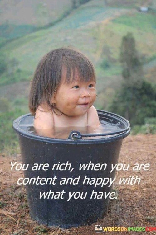 The quote redefines wealth as contentment and happiness. It suggests that true richness isn't solely measured by material possessions, but by a sense of fulfillment. When one appreciates their current circumstances, they attain a wealth of emotional well-being. The quote emphasizes the importance of valuing non-material aspects of life.

Contentment defines true richness. The quote implies that wealth extends beyond possessions. It signifies that happiness and satisfaction equate to true affluence. By linking richness to emotional fulfillment, it encourages individuals to prioritize contentment over material acquisition, fostering a deeper sense of well-being.

The quote champions inner abundance. It implies that fulfillment leads to wealth. It underscores that appreciating what one has yields true richness. By highlighting the connection between contentment and happiness, the quote motivates individuals to cultivate gratitude and positivity, recognizing the inherent value in embracing life's blessings and finding joy in the present moment.