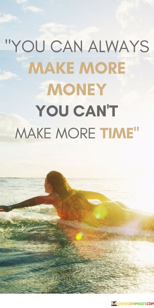 The quote underscores the irreplaceable nature of time. It suggests that while money can be earned anew, time is finite and irreversible. The quote highlights the value of time as a precious resource, emphasizing the need to use it wisely to maximize life's experiences and accomplishments.

Time is invaluable. The quote implies time's uniqueness. It signifies that time is non-renewable. By juxtaposing money and time, it urges individuals to recognize the scarcity of time and make conscious choices to invest it purposefully.

The quote champions time management. It implies that time is a finite asset. It underscores the significance of prioritizing time over money. By emphasizing the limited nature of time, the quote motivates individuals to allocate it judiciously, ensuring that valuable moments are dedicated to meaningful pursuits and relationships.