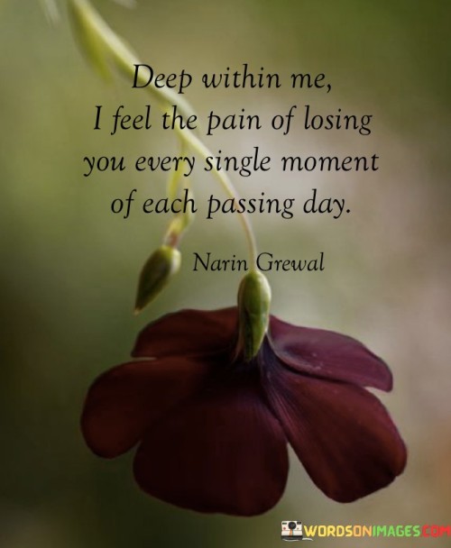 This quote delves into the enduring pain of loss. It emphasizes an internal, profound ache, suggesting that the pain is deeply ingrained within the speaker. The continuous nature of this suffering, experienced "every single moment," highlights the persistent and unrelenting nature of grief, which refuses to dissipate with time.

The quote embodies the relentless grief of separation. It expresses how the pain of losing someone is not a fleeting experience but a constant companion throughout each passing day. The depth of this pain underscores the profound impact of the loss and how it continues to affect the speaker's emotional state.

In summary, this quote paints a poignant picture of enduring grief. It emphasizes the depth and persistence of the pain caused by the loss of a loved one, portraying it as an ever-present and unyielding force that accompanies the speaker throughout their daily life.