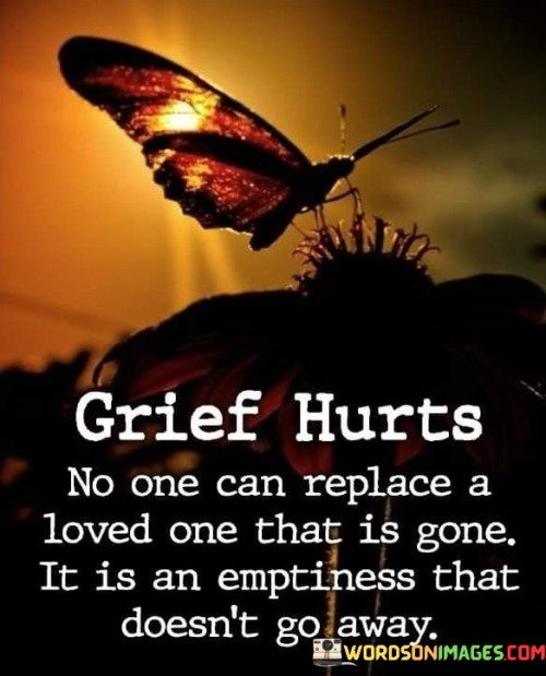 This quote delves into the profound pain of grief. It emphasizes the inescapable agony it brings, highlighting how no one can truly fill the void left by a departed loved one. This reflects the irreplaceable nature of the bond shared with the person who has passed away.

Furthermore, the quote emphasizes the enduring emptiness that accompanies grief. It underscores that this sense of loss doesn't dissipate with time, conveying the idea that grief becomes a permanent part of one's emotional landscape. It encapsulates the notion that while life may continue, the void created by the absence of a loved one remains.

In essence, this quote encapsulates the profound and lasting impact of grief. It serves as a poignant reminder of the enduring pain and emptiness that can follow the loss of someone dear, shedding light on the challenging journey of healing and finding ways to cope with this profound sorrow.