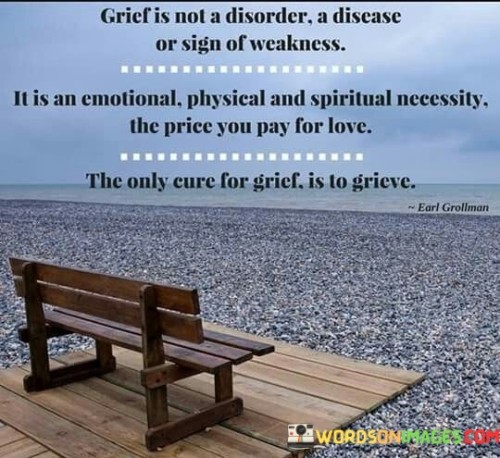 This quote addresses the nature of grief. It emphasizes that grief is not a disorder, disease, or a sign of weakness. Instead, it's portrayed as a necessary part of the human experience, involving emotions, physical sensations, and spiritual aspects. It's described as the price one pays for love, acknowledging that the depth of grief often corresponds to the depth of love one had for the person or thing they've lost.

The quote suggests that grieving is not something to be avoided or suppressed but rather a natural and vital process in response to loss. It implies that attempting to avoid or suppress grief is not a solution, and the only way to heal is to go through the grieving process fully. It emphasizes the idea that grieving is essential for emotional and spiritual healing.

In essence, this quote speaks to the importance of acknowledging and embracing grief as a valid and necessary response to loss. It promotes a healthy approach to grief, suggesting that it is a part of the human experience and not something to be pathologized or avoided. Instead, it should be recognized and allowed to run its course as a means of finding healing and closure.