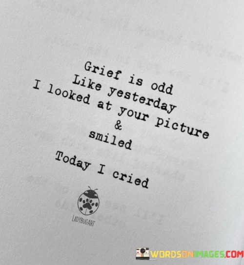 The quote illustrates the unpredictable nature of grief. "Grief is odd" signifies its complexity. "Yesterday I looked at your picture and smiled" reflects moments of nostalgia and happiness. "Today I cried" conveys the sudden surge of sadness. The quote captures the rollercoaster of emotions experienced in the grieving process.

The quote underscores the variability of grief's impact. It highlights the contrast between nostalgia and sorrow. "Yesterday I looked at your picture and smiled" portrays a bittersweet memory. "Today I cried" reflects the emotional unpredictability of mourning.

In essence, the quote speaks to the fluidity of grief. It emphasizes that grieving isn't linear and can bring forth a mix of emotions. The quote captures the ever-changing emotional landscape of grief, where moments of joy and sorrow can intermingle unexpectedly.