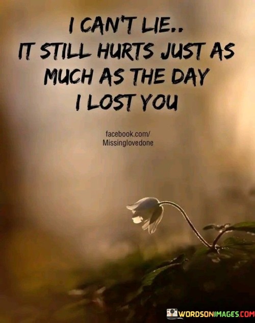 This quote conveys enduring pain and emotional honesty. The inability to lie about the hurt indicates an unchanging depth of sorrow. The mention of "the day I lost you" suggests a significant loss or breakup, highlighting that the pain remains as intense as it was on that initial day.

The quote emphasizes the enduring nature of emotional wounds. Despite the passage of time, the pain remains constant, emphasizing the depth of the attachment or love that was lost. This unchanging hurt reflects the profound impact of the loss on the person's emotional well-being.

In summary, the quote speaks to the lasting and unchanging pain of losing someone dear. It underscores the honesty in acknowledging this pain and reveals the profound impact of the loss on the individual's emotional landscape, which continues to be as acute as when the loss first occurred.