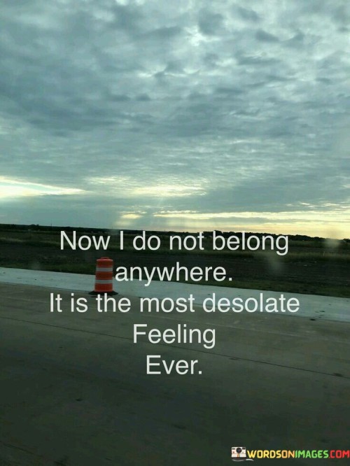 The quote reflects the isolation of not fitting in. "Don't belong anywhere" implies a lack of connection. "Most desolate feeling ever" signifies intense loneliness. The quote conveys the profound sense of isolation and displacement experienced by the speaker.

The quote underscores the importance of belonging and connection. It highlights the emotional toll of feeling out of place. "Most desolate feeling ever" emphasizes the depth of loneliness and the emotional impact of not finding one's place.

In essence, the quote speaks to the anguish of not feeling like you belong. It emphasizes the emotional distress of being disconnected and the deep yearning for a sense of belonging. The quote captures the profound sense of desolation that arises from feeling like an outsider with no place to call home.