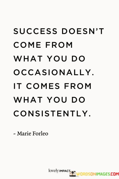 "Success Doesn't Come From What You Do Occasionally; It Comes From What You Do Consistently." This statement emphasizes that lasting success is a result of persistent and regular efforts, rather than sporadic actions.

The quote underscores the significance of consistency. Instead of relying on occasional bursts of activity, it suggests that steady, disciplined actions are more likely to lead to substantial achievements.

In essence, the quote conveys that success is built on the foundation of consistent commitment. By engaging in regular, deliberate actions aligned with one's goals, individuals increase their chances of realizing meaningful and sustainable success over time.