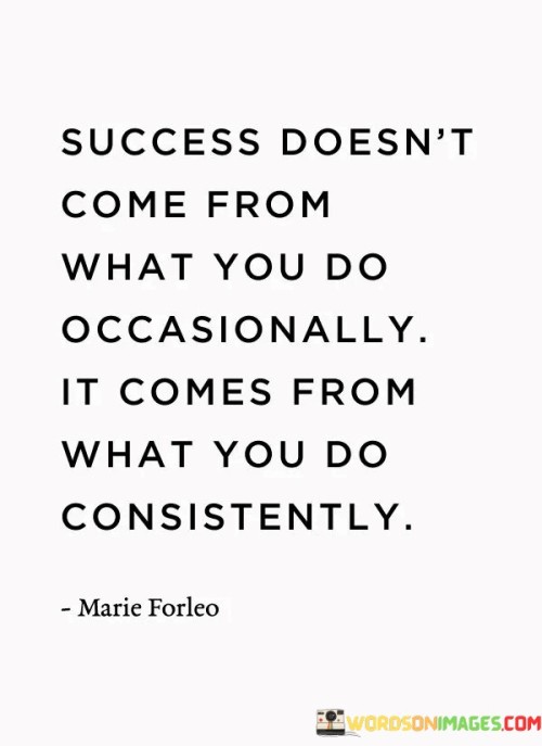 "Success Doesn't Come From What You Do Occasionally; It Comes From What You Do Consistently." This statement underscores the significance of consistent effort as a primary driver of success, rather than sporadic actions.

The quote's core message, presented in the first paragraph, highlights the role of regularity. It suggests that success is more likely when actions are repeated consistently over time, rather than performed occasionally.

The second paragraph emphasizes the idea that enduring dedication is essential. By contrasting consistent effort with occasional actions, the quote underscores that the former is more reliable in yielding significant results.