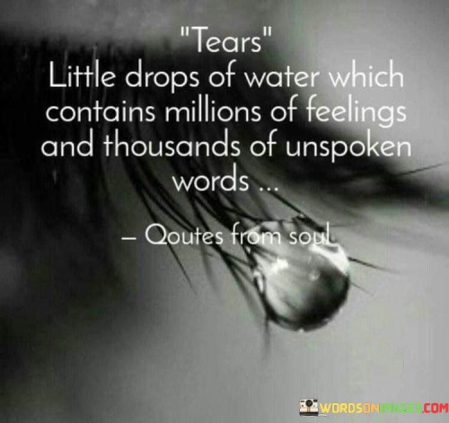 The quote likens tears to vessels of profound emotions. Each tear holds multitudes of sentiments and numerous unexpressed thoughts. This imagery emphasizes the depth of human feeling, showcasing tears as carriers of unspoken truths and untold stories, a poignant portrayal of emotional complexity.

The quote beautifully conveys tears' depth. It suggests tears are not mere water but carriers of intricate feelings and unvoiced narratives. This underscores tears' significance as channels for emotions that words might fail to convey, encapsulating the rich emotional tapestry within each individual.

The quote captures tears' profound essence. It implies tears are reservoirs of countless emotions and unsaid expressions. This concept highlights tears' role as an emotional outlet, releasing what words cannot articulate. It eloquently portrays tears as vehicles for the unspoken, connecting the innermost feelings to a tangible release.