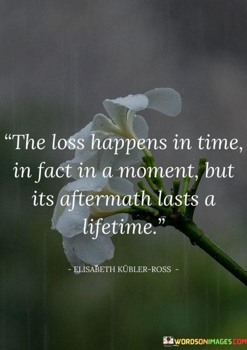 The quote reflects the brevity of loss, occurring swiftly within time's grasp. Despite its fleeting nature, the aftermath extends throughout one's life, implying enduring emotional effects. Loss's immediate impact contrasts with the enduring journey of coping and healing, illustrating the profound and lasting influence of such experiences.

Loss is swift, confined to a moment in time. Yet, its aftermath lingers, affecting life indefinitely. The quote conveys the paradox of temporal transience and emotional permanence. It encapsulates the profound impact of loss, where a single instance reverberates through a lifetime, leaving an indelible mark on the human spirit.

Loss's occurrence is fleeting, transitory in time. Nevertheless, its aftermath is enduring, an everlasting emotional presence. The quote captures the duality of loss, highlighting its ephemeral nature while emphasizing the enduring journey of recovery. It resonates with those who've encountered loss, offering solace in its portrayal of temporal brevity and lasting emotional resonance.