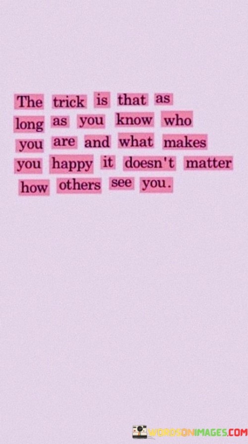 It underscores self-identity. The phrase suggests that having a clear understanding of one's identity and sources of happiness is essential. It reflects the idea that this self-assuredness diminishes the significance of external opinions.

The statement underscores the power of self-validation. It implies that internal validation is more important than seeking approval from others. This sentiment encourages individuals to prioritize their own well-being and contentment.

In essence, this phrase encapsulates the concept that self-assuredness comes from knowing oneself and prioritizing personal happiness. It reflects the idea that external perceptions hold less weight when one is grounded in their identity and sources of joy.