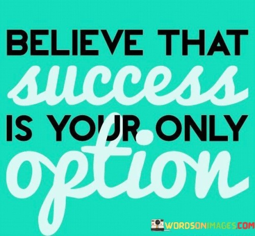 It underscores determination. The phrase suggests that by considering success as the only option, individuals are more likely to channel their efforts towards achieving it. It reflects the power of a resolute attitude.

The statement underscores the concept of commitment. It implies that unwavering belief in success fuels dedication and action. This sentiment encourages individuals to eliminate self-doubt and focus on their goals.

In essence, this phrase encapsulates the idea that embracing success as the only possibility can motivate individuals to work relentlessly toward achieving their aspirations. It reflects the transformative influence of a determined and focused mindset in shaping the path to success.