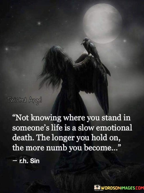 The quote highlights the torment of uncertainty in relationships. "Not knowing where you stand" signifies ambiguity. "Slow emotional death" conveys the gradual deterioration of well-being. The quote emphasizes the detrimental impact of prolonged uncertainty on one's emotional state.

The quote underscores the toll of emotional ambiguity. It reflects the harm caused by not having clarity in a relationship. "More numb you become" signifies emotional desensitization, emphasizing the diminishing capacity to feel due to unresolved uncertainty.

In essence, the quote speaks to the importance of clarity in relationships. It emphasizes the toll of emotional ambiguity and the gradual erosion of emotional well-being. The quote captures the emotional strain of not knowing one's place in someone's life and the need for open communication and transparency in relationships.