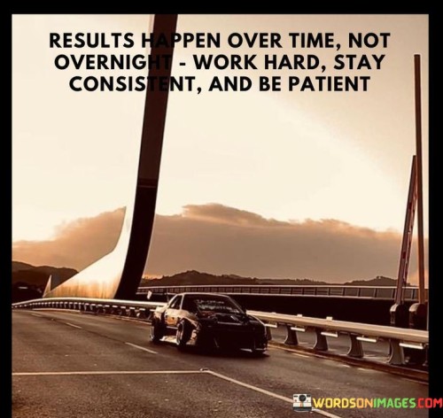 This concise advice emphasizes the process of achieving desired outcomes. It suggests that meaningful results require dedication, perseverance, and a willingness to wait for progress to manifest.

The phrase underscores the importance of effort and resilience. It implies that maintaining consistent work and having patience are essential components of achieving success.

 the quote serves as a reminder to embrace the journey towards goals. It encourages individuals to stay committed, even when immediate results may not be apparent. By adopting this perspective, one can navigate challenges with determination and maintain a focused mindset that ultimately leads to the realization of their objectives.