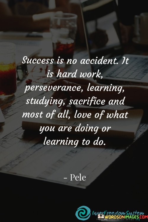 It underscores the multi-faceted nature of success. The phrase suggests that success is not a random occurrence but the result of deliberate actions, including hard work, perseverance, continuous learning, studying, making sacrifices, and a genuine passion for one's pursuits.

The statement underscores the concept of intentionality. It implies that success is earned through a purposeful approach that involves a combination of focused actions and genuine dedication. This sentiment encourages individuals to engage deeply with their pursuits.

In essence, this phrase encapsulates the idea that success is an outcome of intentional and committed actions, incorporating a range of vital components. It reflects the importance of aligning one's efforts, growth, and passion with the goals and aspirations they aim to achieve.