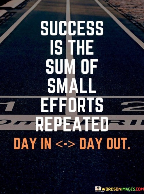 It underscores the value of persistence. The phrase suggests that success isn't derived from one grand gesture but from the accumulation of small, dedicated actions over time. It reflects the power of consistency.

The statement underscores the importance of daily commitment. It implies that success is a result of sustained effort, day after day. This sentiment encourages individuals to focus on the steady progression of their goals.

In essence, this phrase encapsulates the idea that success is built upon the dedication to repeat small efforts consistently. It underscores the significance of perseverance and the gradual accumulation of progress in achieving meaningful outcomes.