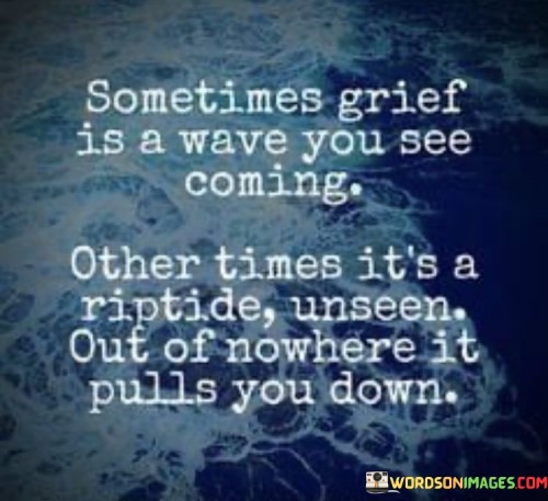 The quote vividly describes the unpredictable nature of grief. "Grief is a wave" suggests its emotional surges. "Sometimes it's a riptide" underscores its sudden and overwhelming nature. The quote captures the varying intensities and unpredictability of grief, which can strike at any moment.

The quote underscores the emotional challenges of mourning. It highlights the difficulty in anticipating and managing grief. "Riptide unseen" emphasizes the emotional turmoil that can catch a person off guard, symbolizing the emotional unpredictability of the grieving process.

In essence, the quote speaks to the complexity of grief. It emphasizes the waves of emotion that can be both anticipated and unexpected. The quote captures the profound and ever-changing nature of grief, illustrating the emotional journey that individuals go through when dealing with loss.