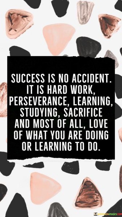 It underscores the concept of deliberate effort. The phrase suggests that success doesn't occur by chance but is the result of intentional actions. It reflects the idea that achieving goals requires purposeful endeavors.

The statement underscores the importance of dedication. It implies that success involves hard work, perseverance, learning, studying, and sometimes sacrifices. This sentiment encourages individuals to invest time and energy into their pursuits.

In essence, this statement encapsulates the idea that success is a product of intentional actions, hard work, continuous learning, and dedication to one's endeavors. It reflects the transformative potential of embracing the journey toward success with determination, resilience, and a genuine passion for what one is doing.