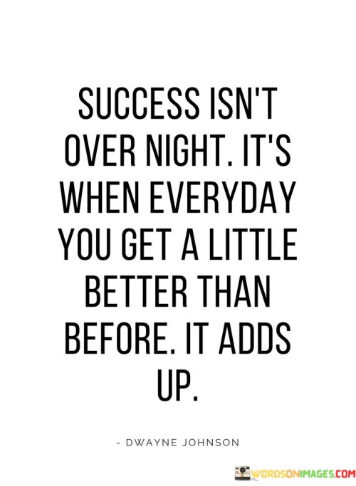 "Success Isn't Overnight, It's When Every Day You Get a Little Better Than Before, It Adds Up": This statement dispels the notion of instant success and underscores the gradual nature of genuine achievement. It suggests that consistent improvement over time is the foundation of significant accomplishments.

"It's When Every Day You Get a Little Better Than Before": This phrase emphasizes the importance of incremental progress. Each day's effort, no matter how small, contributes to personal growth and eventual success.

"It Adds Up": This part signifies that the cumulative effect of continuous improvement leads to substantial results. Over time, the accumulation of incremental advancements transforms into significant achievements.