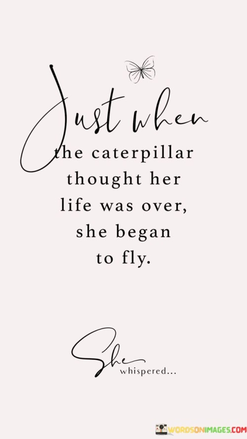 The quote "Just when the caterpillar thought her life was over, she began to fly" embodies a profound message of hope, transformation, and resilience. At first glance, it appears to describe the physical metamorphosis of a caterpillar into a butterfly, but on a deeper level, it serves as an analogy for the various challenges and obstacles we encounter in our lives. The caterpillar's life is characterized by crawling on the ground, limited to a certain existence, and unaware of its true potential. However, when it undergoes the transformative process of metamorphosis, it encases itself in a chrysalis, seemingly experiencing a form of dormancy or even a sense of ending. Yet, it is during this seemingly dark and uncertain phase that the caterpillar undergoes a profound inner change, eventually emerging as a beautiful butterfly, capable of flight and freedom. Likewise, in our own lives, we may encounter moments of despair, loss, or uncertainty when we believe that our journey has come to an end. But just like the caterpillar, these challenging times can serve as catalysts for our personal growth and transformation. The quote reminds us that even in our darkest moments, there is potential for renewal, growth, and the emergence of something beautiful and powerful within ourselves. It is a testament to the strength of the human spirit and the capacity for positive change. Thus, the quote inspires us to persevere through difficulties, trust in the process of life, and embrace the possibilities of a new beginning, much like the caterpillar finding its wings and soaring to new heights as a butterfly