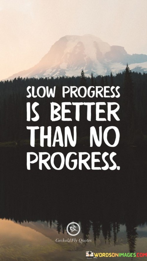 "Slow progress is better than no progress" emphasizes the value of making steady advancements, regardless of their pace. This adage implies that taking small steps forward is preferable to staying stagnant or not making any effort at all.

In life, we often encounter challenges or pursue goals that require time and effort to achieve. While immediate results may not be apparent, consistent and gradual progress indicates that we are moving in the right direction. It encourages a mindset of persistence and resilience, reminding us that even baby steps contribute to eventual success.

This quote is particularly relevant in today's fast-paced world, where instant gratification is often prioritized. It serves as a reminder that meaningful accomplishments often take time and that the journey itself is valuable. Whether in personal growth, professional development, or any other aspect of life, embracing slow progress can lead to more sustainable and lasting achievements.