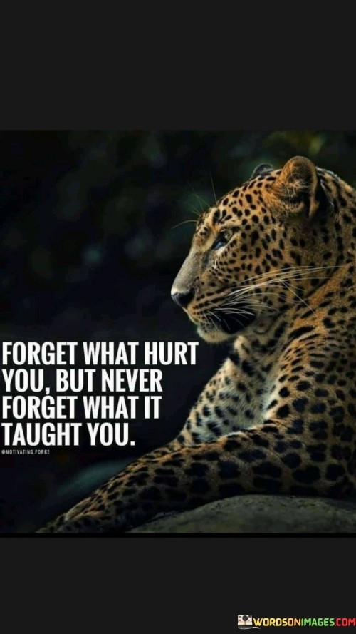 "Forget what hurt you, but never forget what it taught you." This powerful quote reminds us to learn from our past experiences, even those that have caused us pain or heartache. It encourages us to let go of the negative emotions associated with past hurts, but at the same time, hold onto the lessons and wisdom gained from those experiences.

In life, we encounter various challenges, disappointments, and hardships that can leave emotional scars. Instead of dwelling on the pain, the quote advises us to focus on the growth and insights we have gained. Every difficult situation presents an opportunity for personal development and self-discovery. By embracing the lessons, we become wiser, stronger, and better equipped to face future challenges.

The quote also emphasizes the importance of resilience and moving forward with a positive mindset. It acknowledges that life may not always be smooth, but by embracing the lessons and letting go of the hurt, we can create a healthier and more fulfilling life journey. It encourages us to use our past as a stepping stone for personal growth and transformation, ensuring that we approach life with newfound wisdom and understanding.