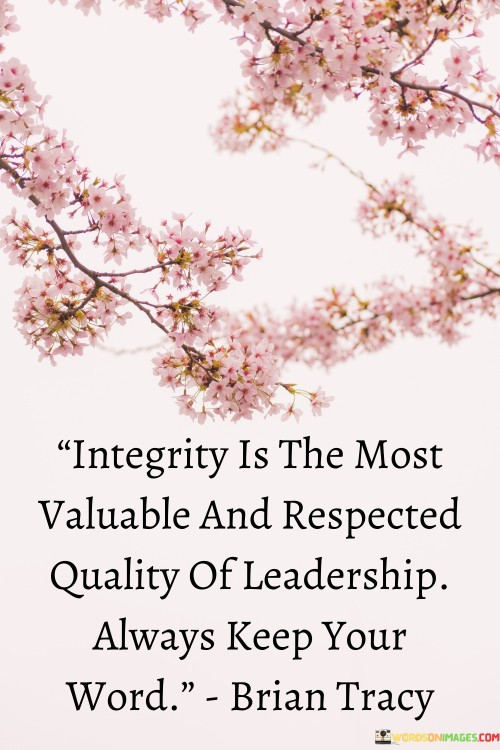 "Integrity is the most valuable and respected quality of leadership - always keep your word." This powerful quote emphasizes the significance of integrity in effective leadership and the importance of honoring one's commitments.

Integrity is the foundation of trust and credibility in a leader. When a leader consistently upholds their word and follows through on promises, they earn the respect and confidence of their team and stakeholders. People look up to leaders who act with honesty, transparency, and reliability, knowing that they can be counted on to do what they say they will do.

Leaders with integrity lead by example, setting high standards for themselves and others. They are guided by a strong moral compass and make decisions based on ethical principles, even when faced with challenging situations. Their actions are consistent with their words, and they demonstrate authenticity in their interactions with others.

Keeping one's word is not only a sign of integrity but also a testament to accountability and responsibility. It shows that a leader takes their commitments seriously and understands the impact of their actions on others. By maintaining integrity, leaders inspire loyalty and dedication among their followers, fostering a positive and productive work environment.